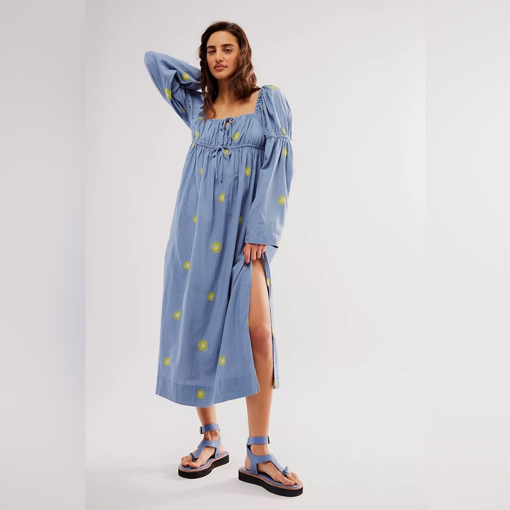 Free People NWOT Emory Embroidered Midi Dress Blue Embroidered S